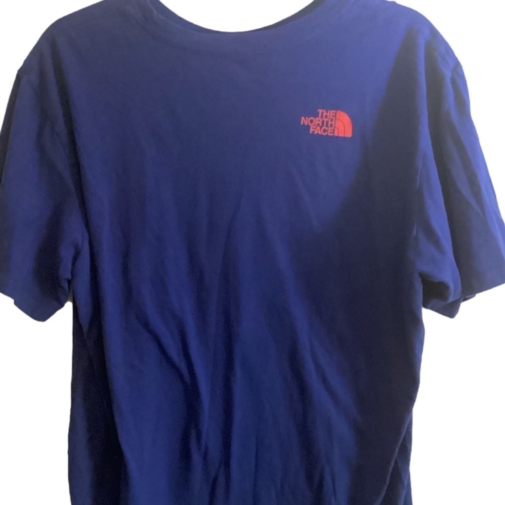 The NORTH FACE Royal Blue w/Red T-shirt. Red and White Mountain on Back. Size L